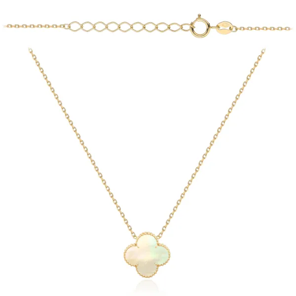 Złoty Naszyjnik 585 Duża Koniczynka Masa Perłowa