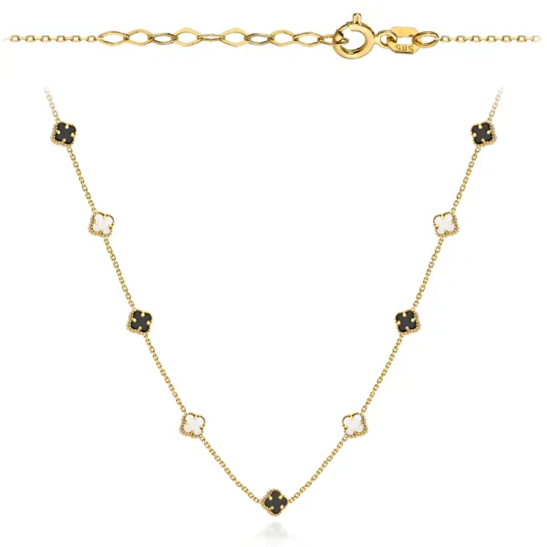 Złoty Naszyjnik 585 Biało-Czarne Koniczynki