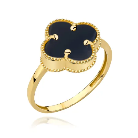 Złoty Pierścionek 585 Koniczynka z Onyksem roz.15