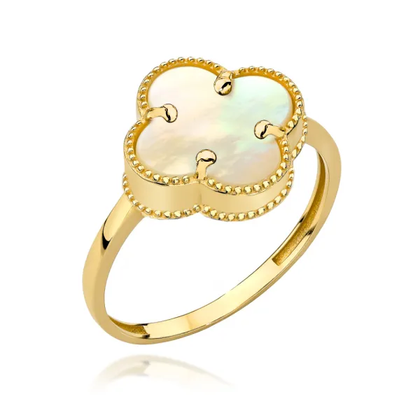 Złoty Pierścionek 585 Koniczynka z Masą Perłową 