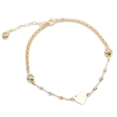 Złota  Bransoletka Kulki Cyrkonie Dwa Serca