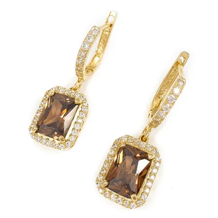 ZŁOTE 585 KOLCZYKI WISZĄCE BRĄZOWA CYRKONIA