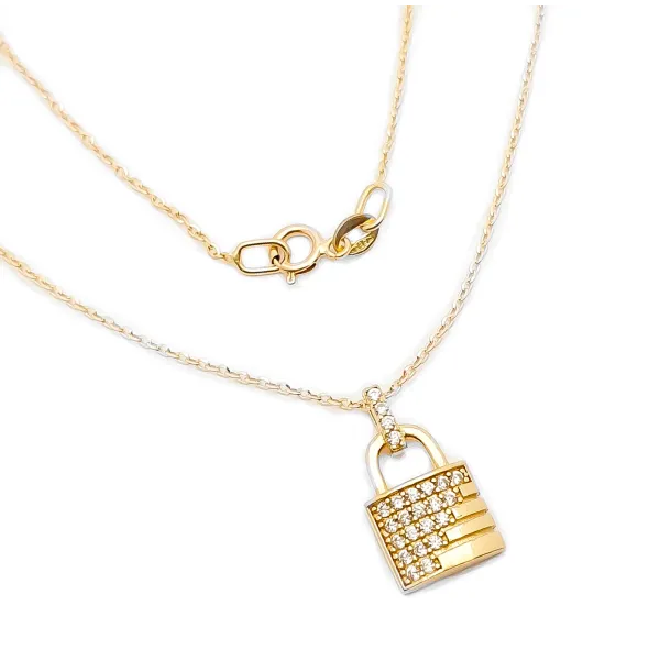 Złoty 585 Naszyjnik z Kłódką Cyrkonie na Prezent 