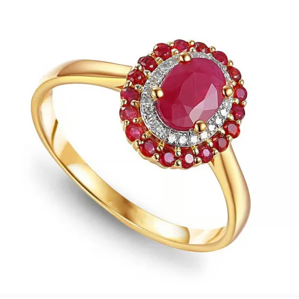 Złoty Pierścionek Rubin i Diamenty 585 Grawer 