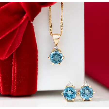 Złote 585 Kolczyki Topaz i Diamenty