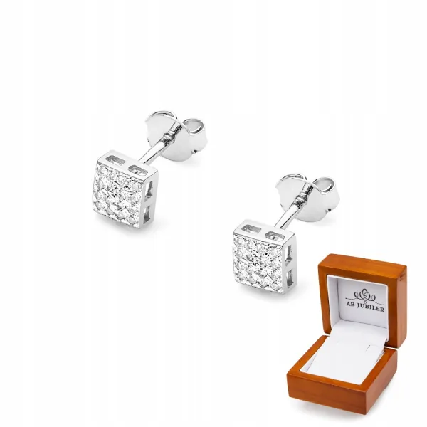 Kolczyki Kwadraciki Białe Złoto Diamenty Próba 585