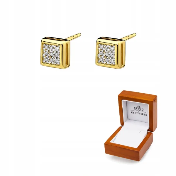Złote 585 Kolczyki Kwadraciki z Diamentami Sztyft