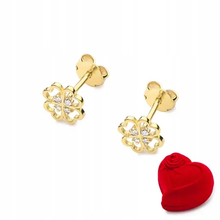 Złote Kolczyki 585 Diamenty Koniczynki Prezent