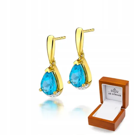 Złote 585 Kolczyki z Topazem i Diamentami Sztyft