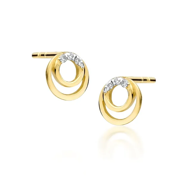 Złote 585 Kolczyki Dwa Kółeczka Brylanty Sztyft