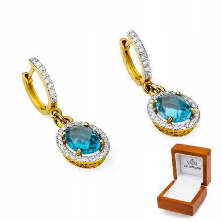 Złote Eleganckie Kolczyki Topaz Diamenty Próba 585