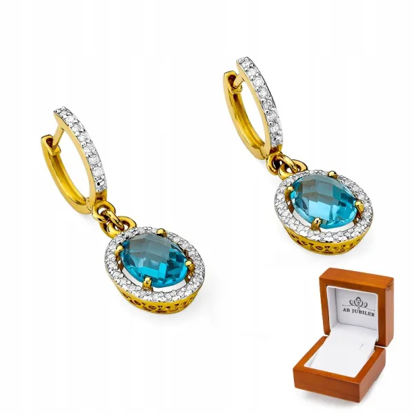 Złote Eleganckie Kolczyki Topaz Diamenty Próba 585