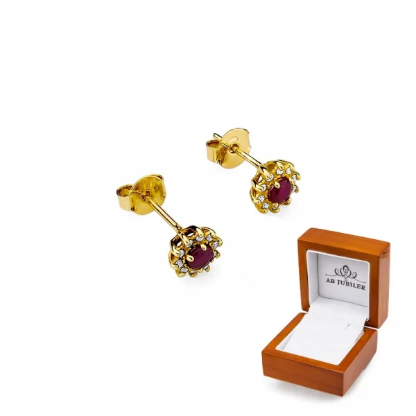 Złote Eleganckie 585 Kolczyki Rubin i Diamenty