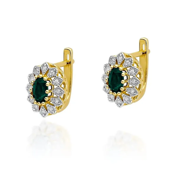 Złote 14K Kolczyki Szmaragd Diamenty Angielskie
