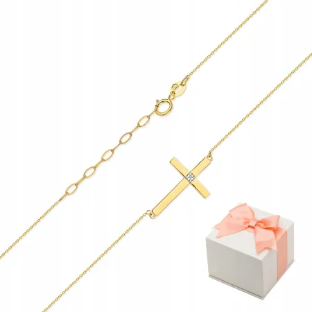 Złoty Naszyjnik Celebrytka 585 Krzyżyk Diamenty