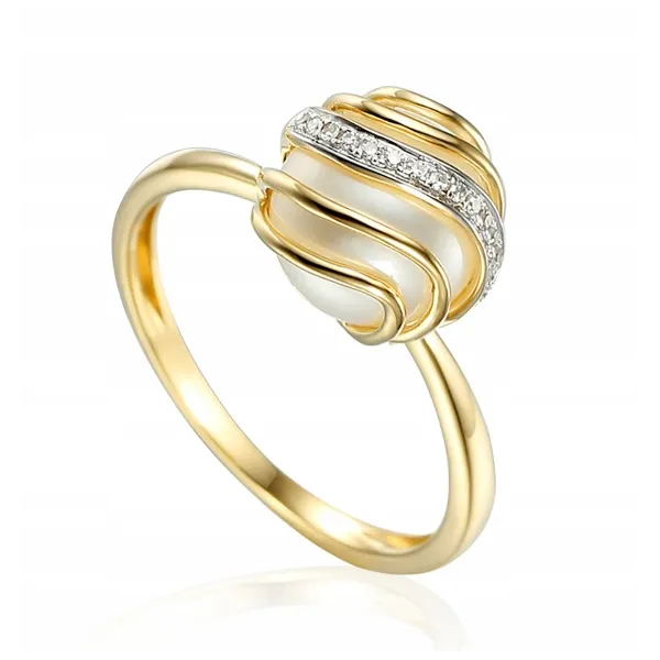 Złoty 585 Pierścionek Perła i Diamenty Elegancki 