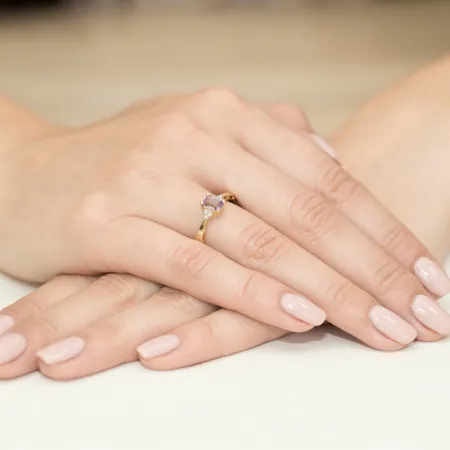 Pierścionek Białe Złoto 585 Ametyst Diament Grawer