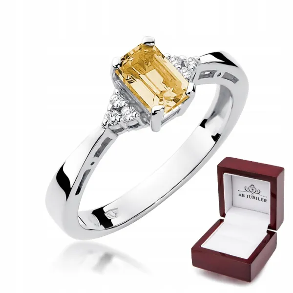 Pierścionek Białe Złoto z Cytrynem i Diamentami