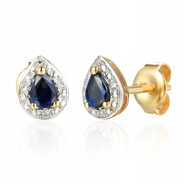 ZŁOTE 585 KOLCZYKI ŁEZKI SZAFIR DIAMENTY PREZENT