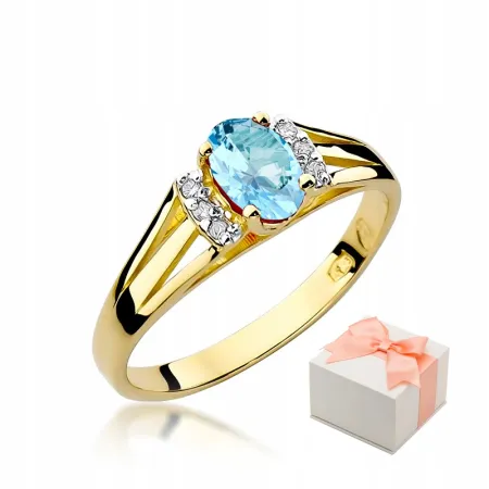 Złoty 14K Pierścionek Topaz i Brylanty Grawer