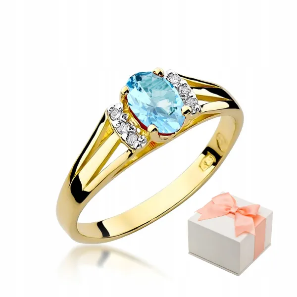 Złoty 14K Pierścionek Topaz i Brylanty Grawer