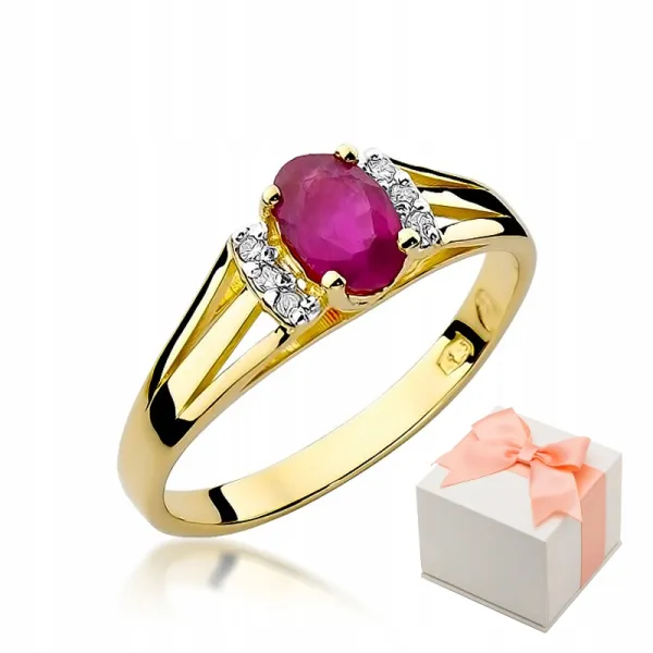 Złoty Zaręczynowy 585 Pierścionek Rubin i Brylanty
