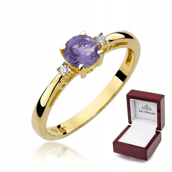 Złoty 585 Pierścionek Zaręczynowy Ametyst Diamenty
