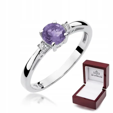 Pierścionek 585 Białe Złoto Ametyst Diament Grawer