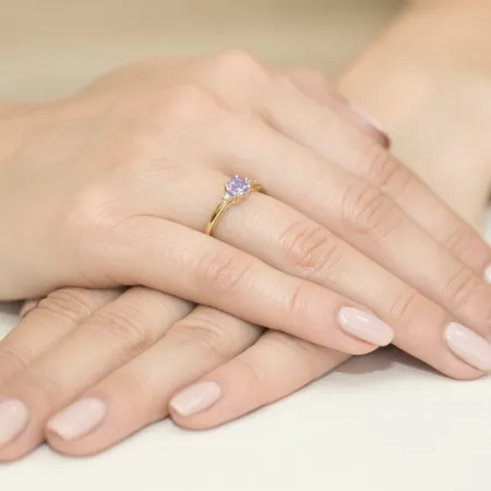 Pierścionek 585 Białe Złoto Ametyst Diament Grawer