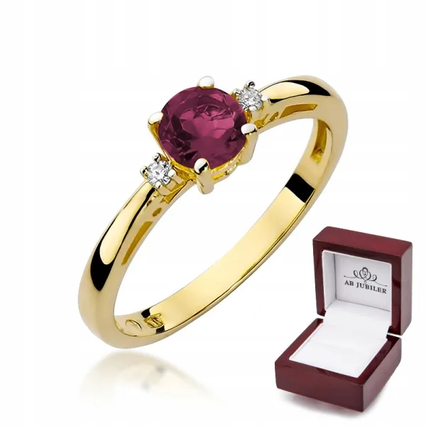 Złoty 14K Zaręczynowy Pierścionek Rubin i Brylanty