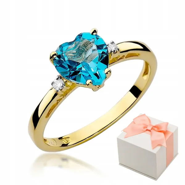 Złoty Pierścionek Serce Duży Topaz Diamenty Grawer