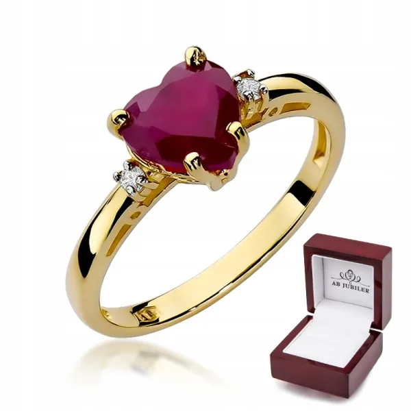 Złoty Pierścionek 585 Serce Rubin Brylanty Grawer