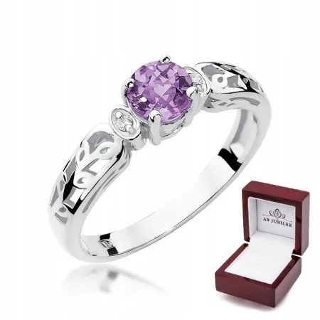 Pierścionek Białe Złoto Ametyst Diamenty Próba 585