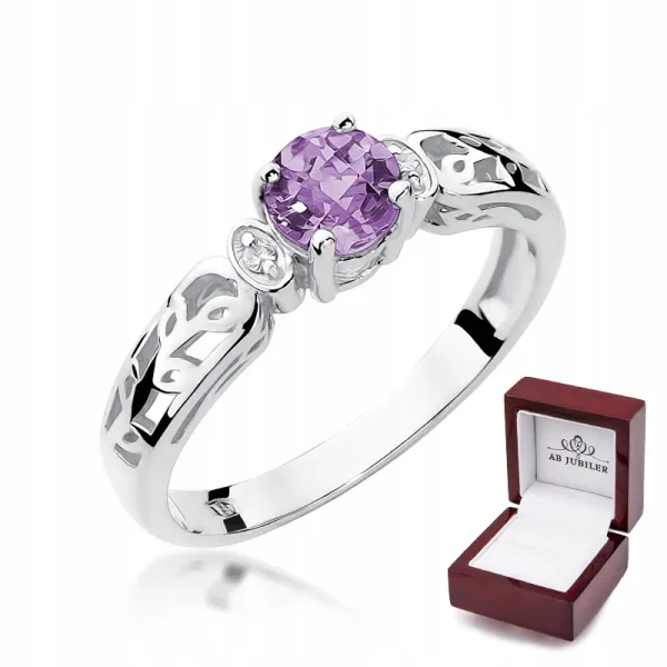 Pierścionek Białe Złoto Ametyst Diamenty Próba 585