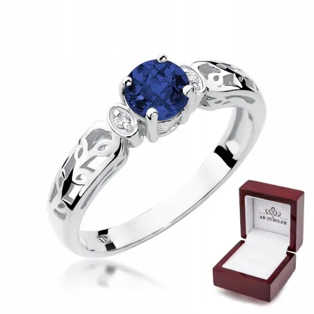 Pierścionek z Szafirem Brylantami Białe Złoto 585