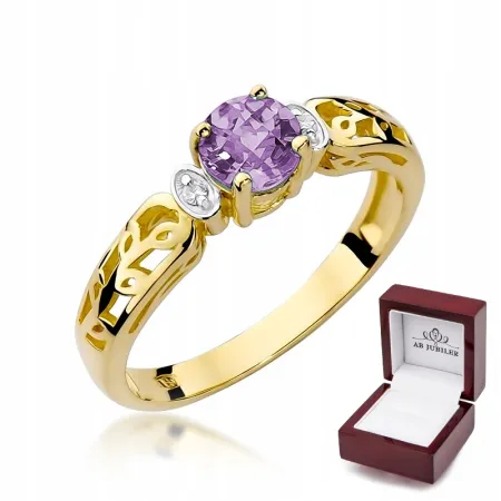 Złoty Zaręczynowy Pierścionek Ametyst Diamenty 585