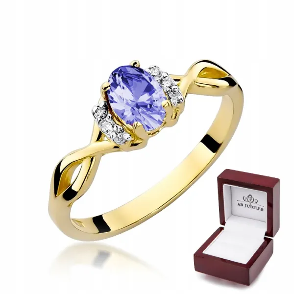 Złoty 585 Pierścionek Zaręczynowy Tanzanit Brylant