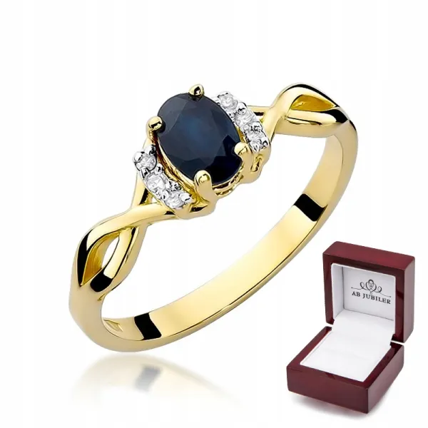 Złoty 14K Pierścionek Zaręczynowy Szafir Diamenty