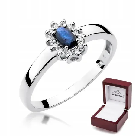 Pierścionek 585 Białe Złoto z Szafirem Diamentami