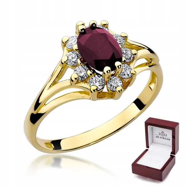 Złoty Elegancki Pierścionek Rubin Diamenty Grawer