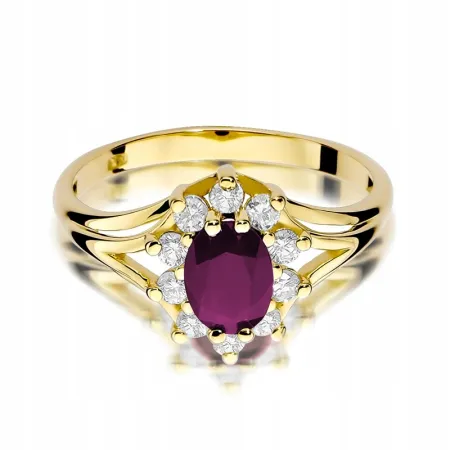 Złoty Elegancki Pierścionek Rubin Diamenty Grawer