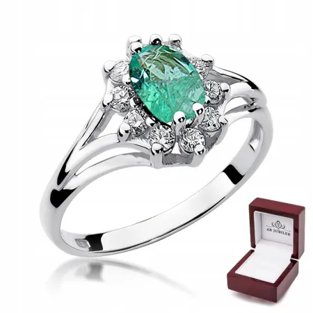 Pierścionek 585 Białe Złoto Szmaragd Brylant