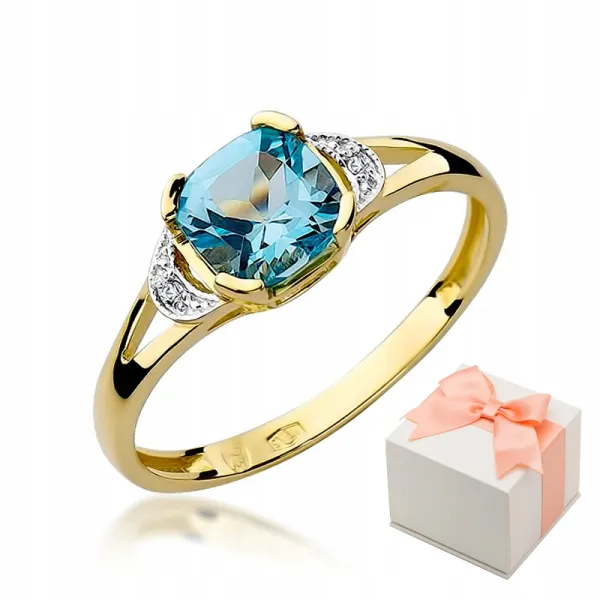 Złoty Zaręczynowy 585 Pierścionek Topaz i Brylanty
