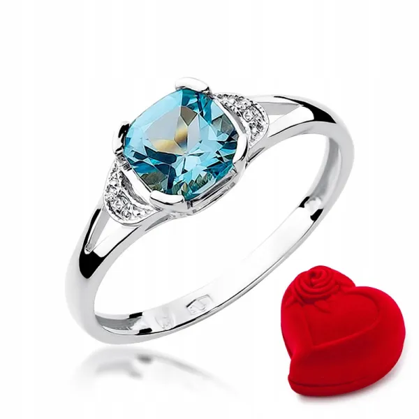 Pierścionek 14K Białe Złoto Topaz Brylanty Grawer