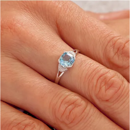 Pierścionek 14K Białe Złoto Topaz Brylanty Grawer