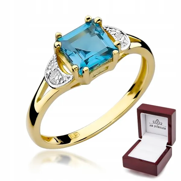 Złoty 14K Pierścionek Topaz Brylanty na Prezent