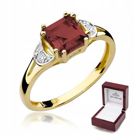 Złoty 585 Pierścionek Zaręczynowy Granat Diamenty