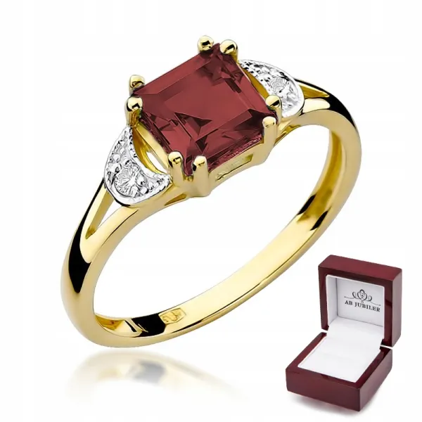 Złoty 585 Pierścionek Zaręczynowy Granat Diamenty