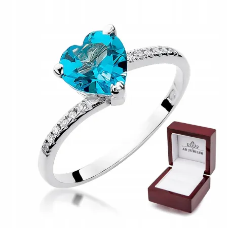 Pierścionek Białe Złoto z Sercem Topaz Brylanty 
