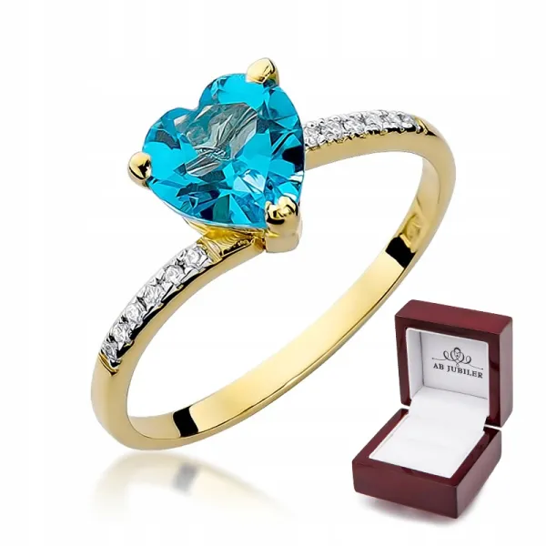 Złoty Zaręczynowy Pierścionek Serce Topaz Brylanty